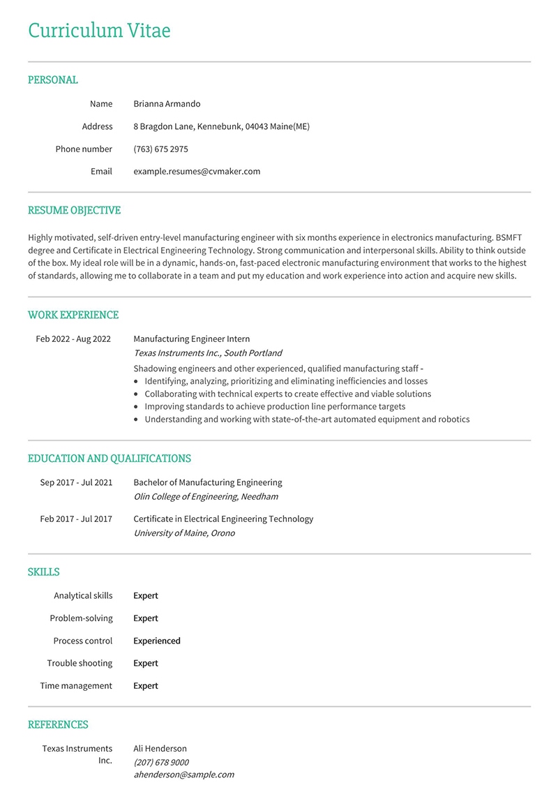 Manufacturing Engineer Resume Brianna Armando Entry Level