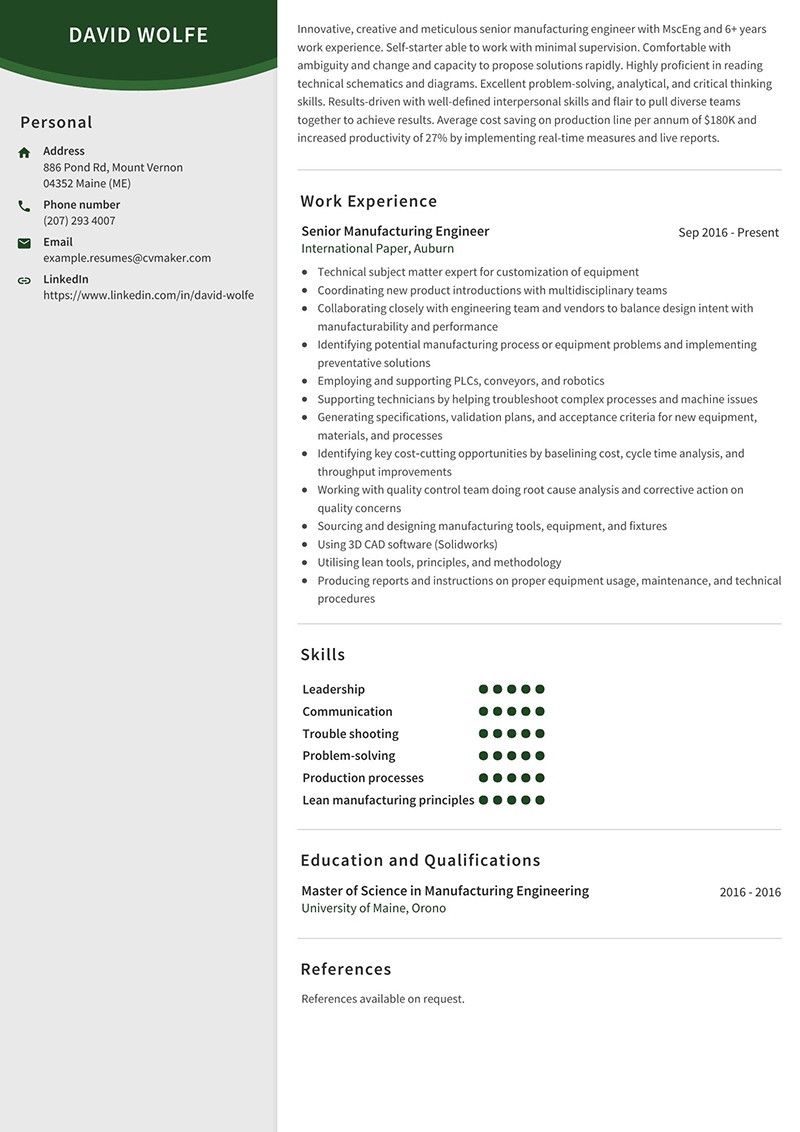 Manufacturing Engineer Resume David Wolfe Senior