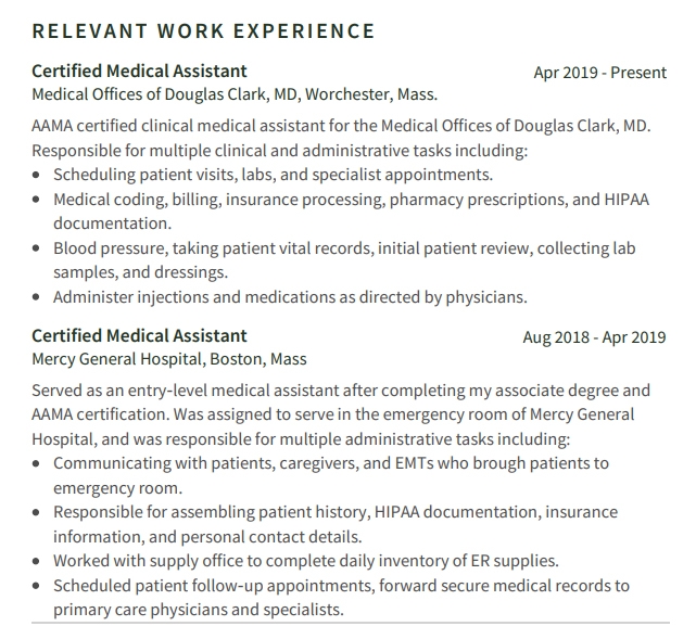 Medical Assistant Resume Relevant Work Experience Example