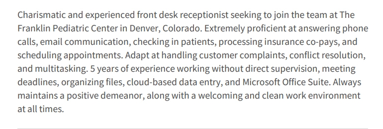 Medical Receptionist Resume Resume Summary Example