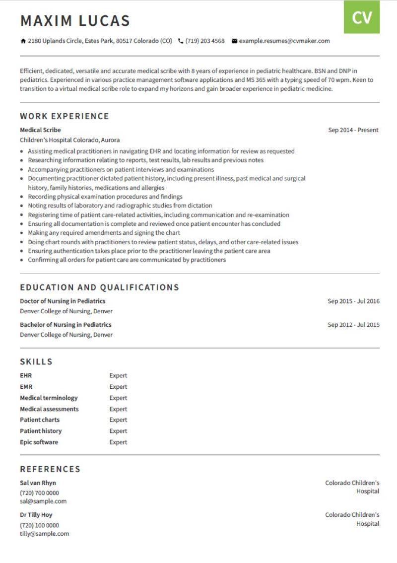 Medical Scribe Resume Example