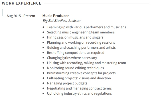 Music Resume Work Experience Example