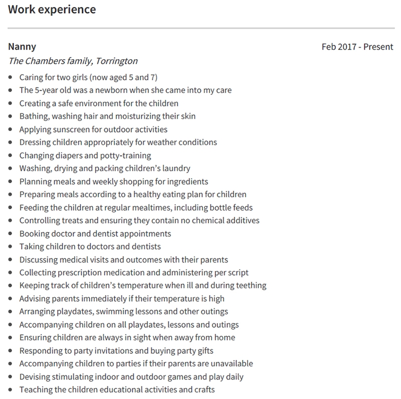 Nanny Resume Professional Work Experience Example