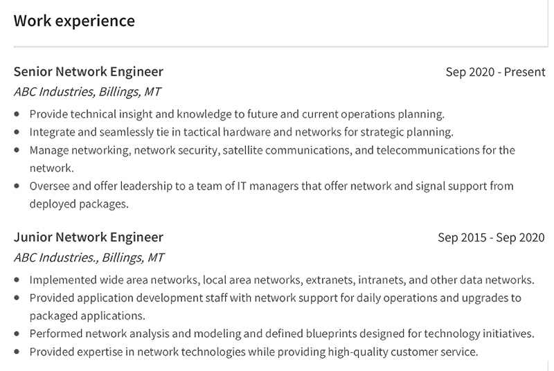 Network Engineer Resume Professional Work Experience Example