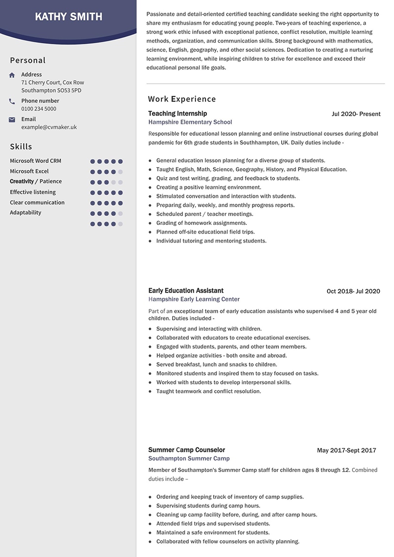 resume for beginner teacher