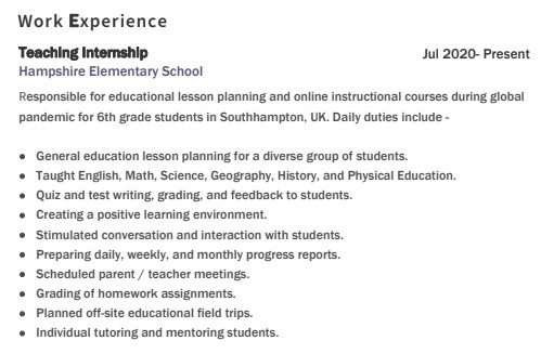 New Teacher Resume Work Experience Example