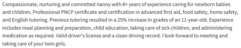 Objective Example For Experienced Nanny Resumes