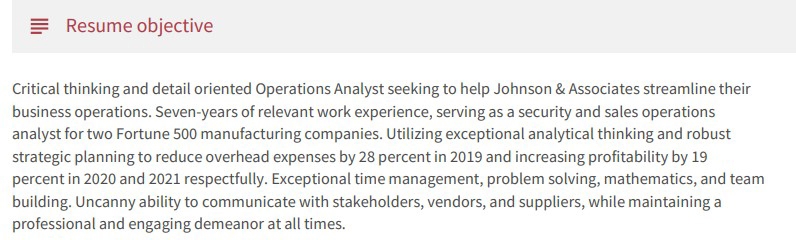 Operations Analyst Resume Professional Summary Example