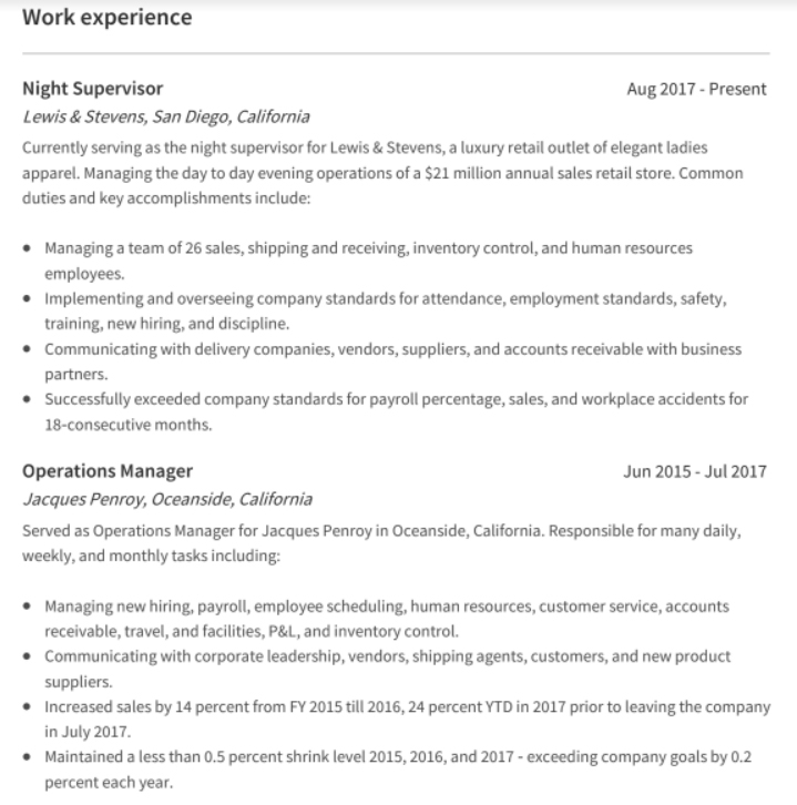 Operations Manager Resume Work History Example