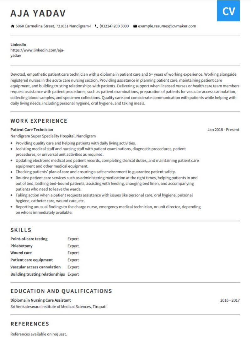 Patient Care Technician PCT Resume - Patient Care Technician Resume Example 