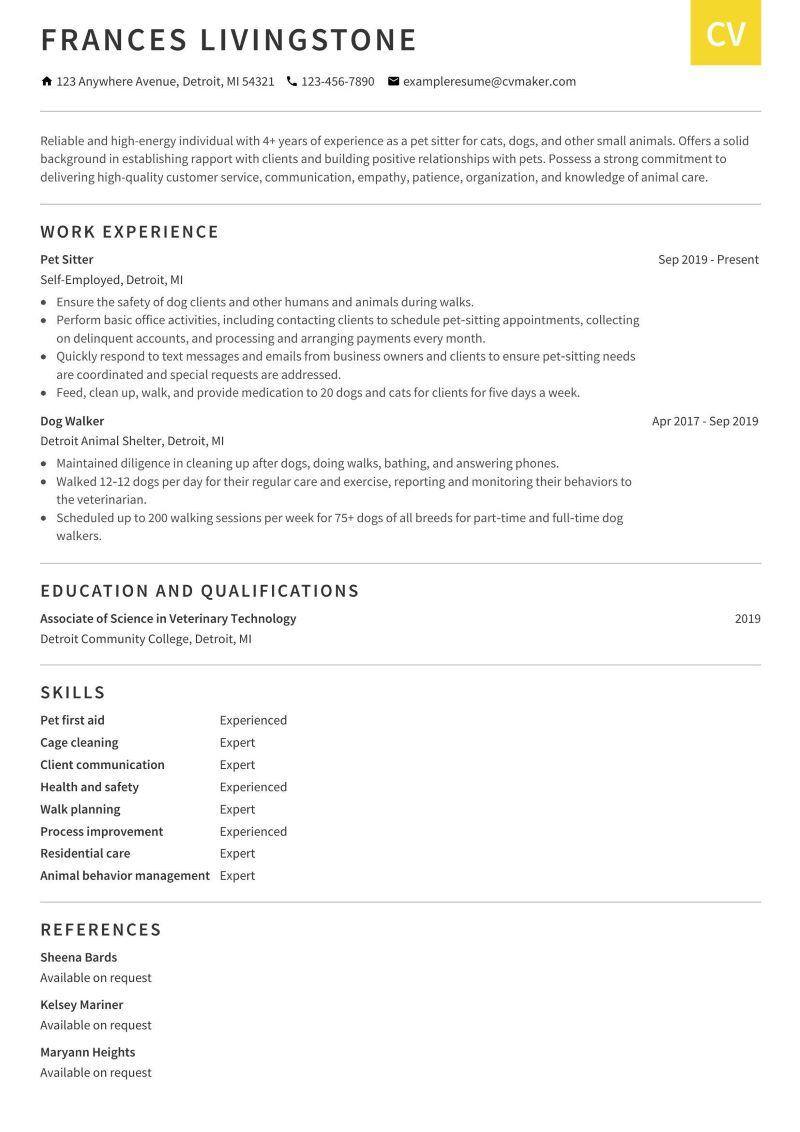 Pet Sitting Resume Example