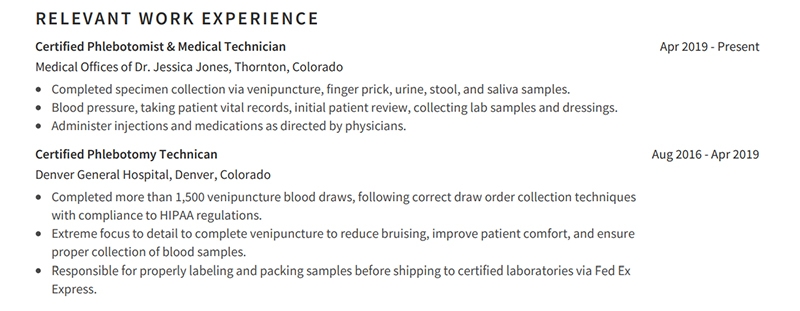 Phlebotomist Resume Work History