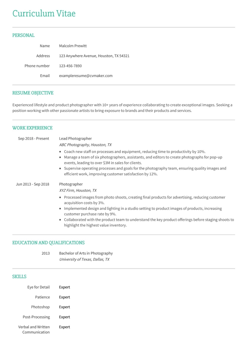 Photographer Resume Example