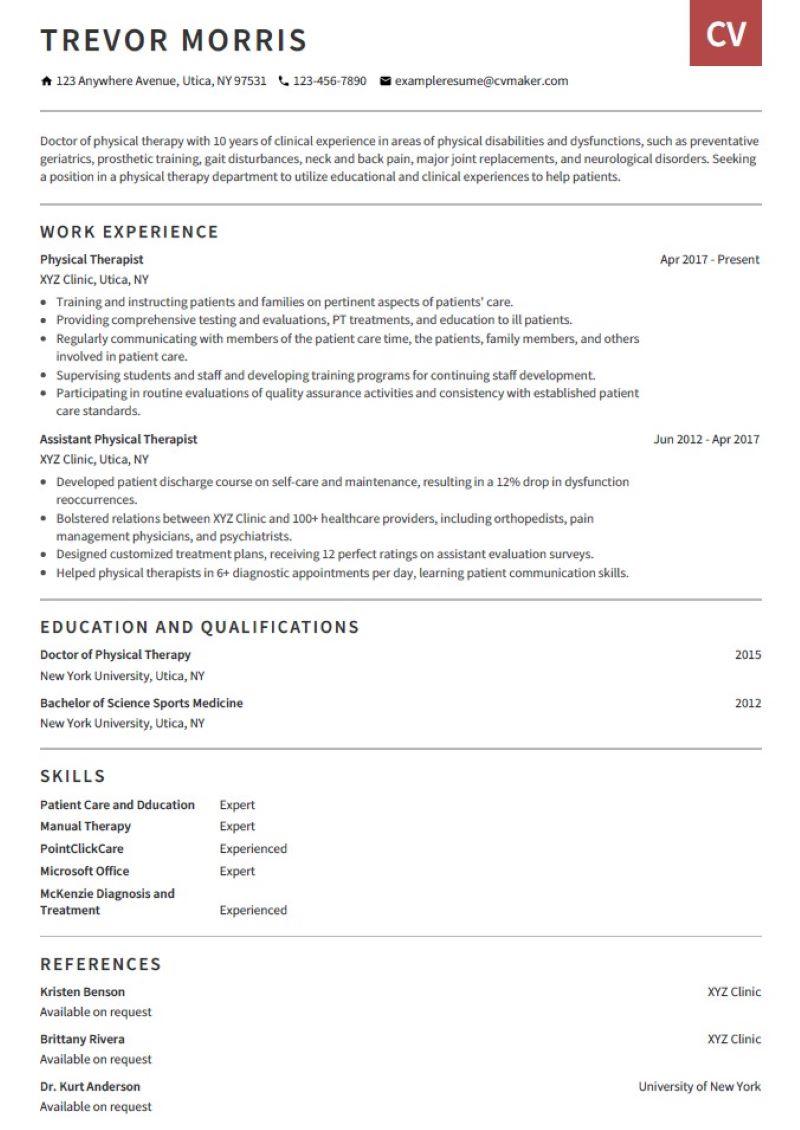 Physical Therapist Resume Example