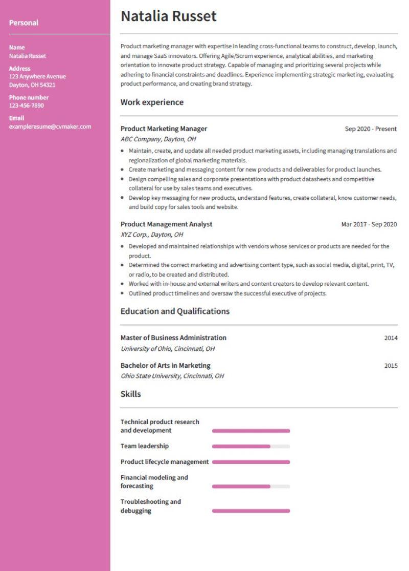 Product Marketing Manager Resume Example