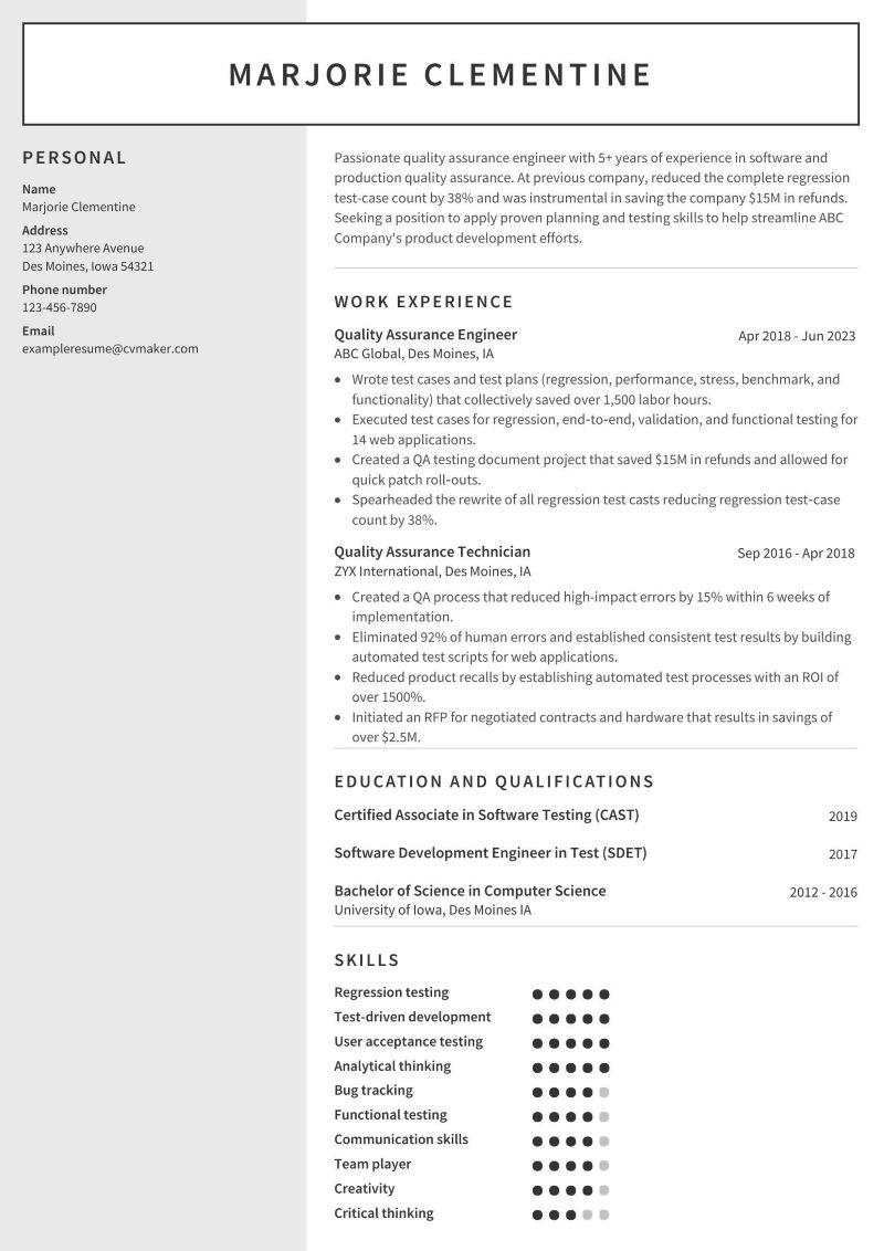 Qualitz Assurance Resume Example