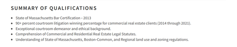 Real Estate Attorney Resume Summary Of Qualifications