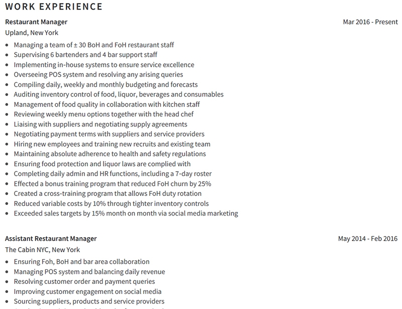 Restaurant Manager Professional Work Experience