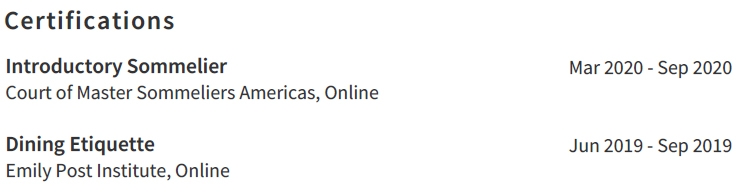 Restaurant Server Education And Certifications Example