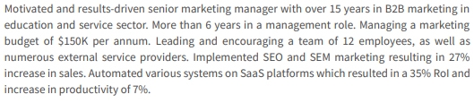 ​Resume Summary For An Experienced Professional Marketing Resume