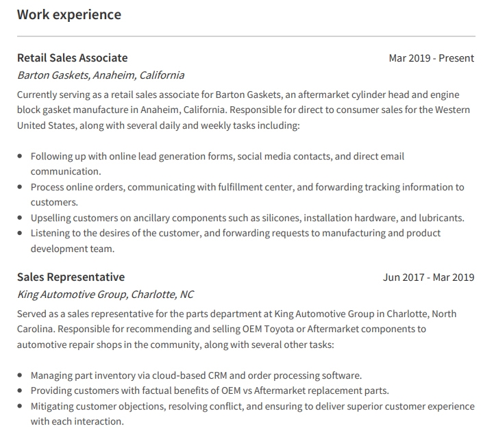 Retail Associate Resume Work History Sample