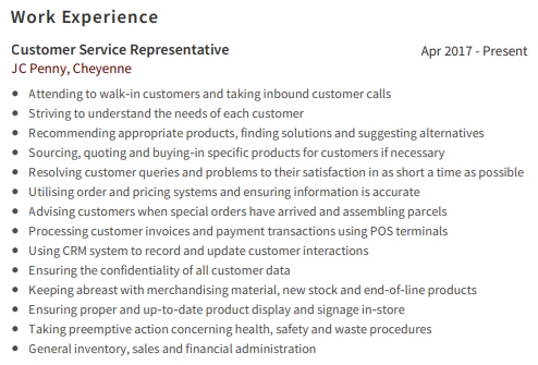 Retail Customer Service Resume Work Experience Example