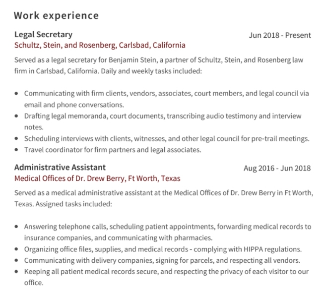 Secretary Resume Employment History Example