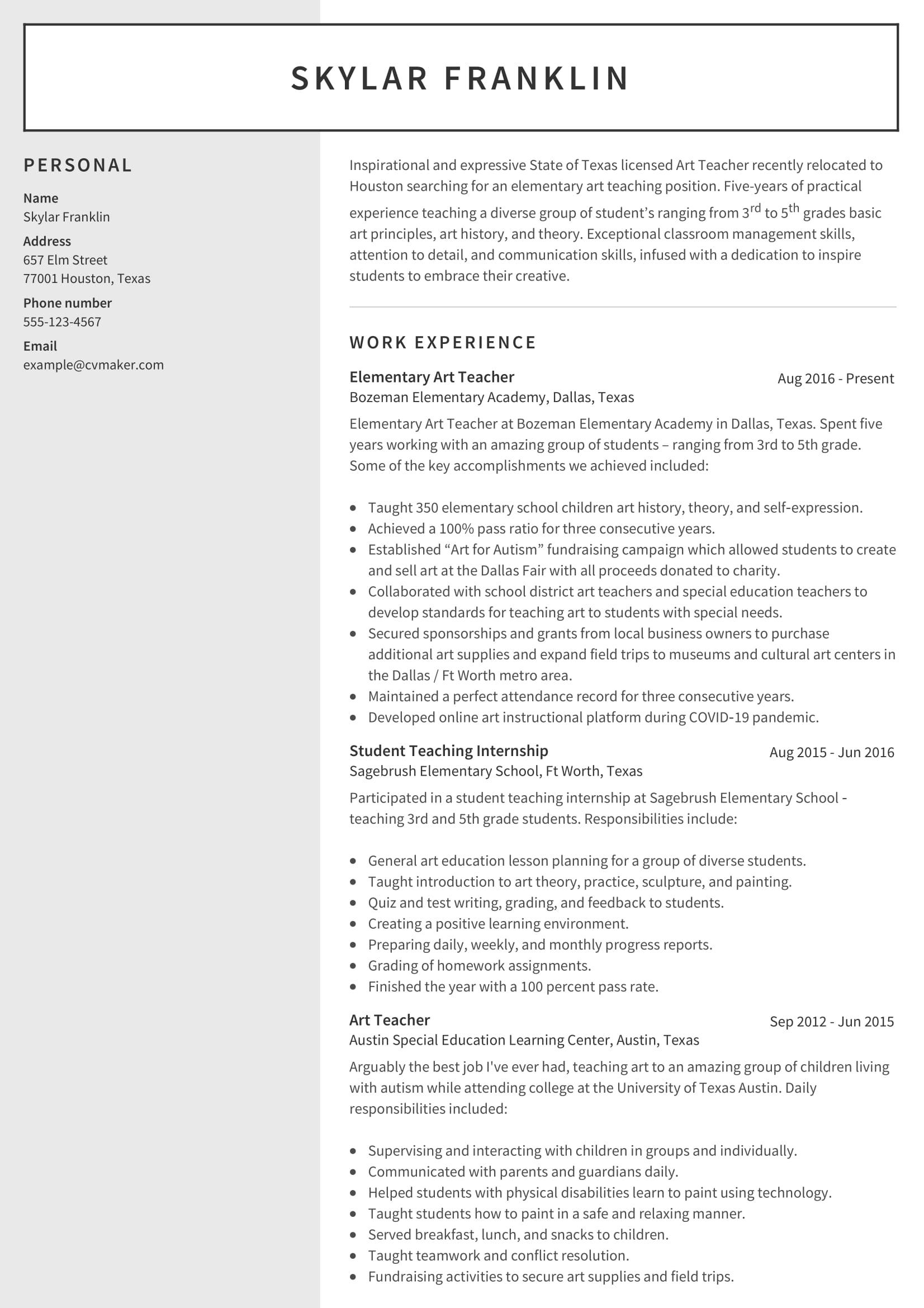 art teacher skills for resume