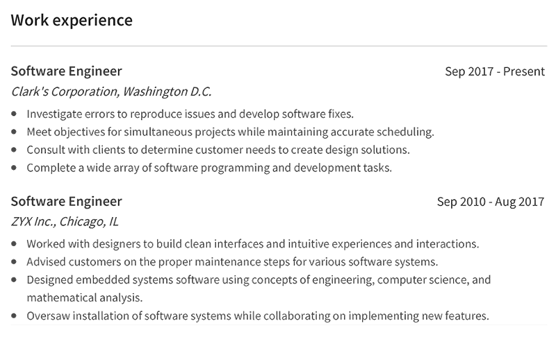 Software Engineer Work Experience Example