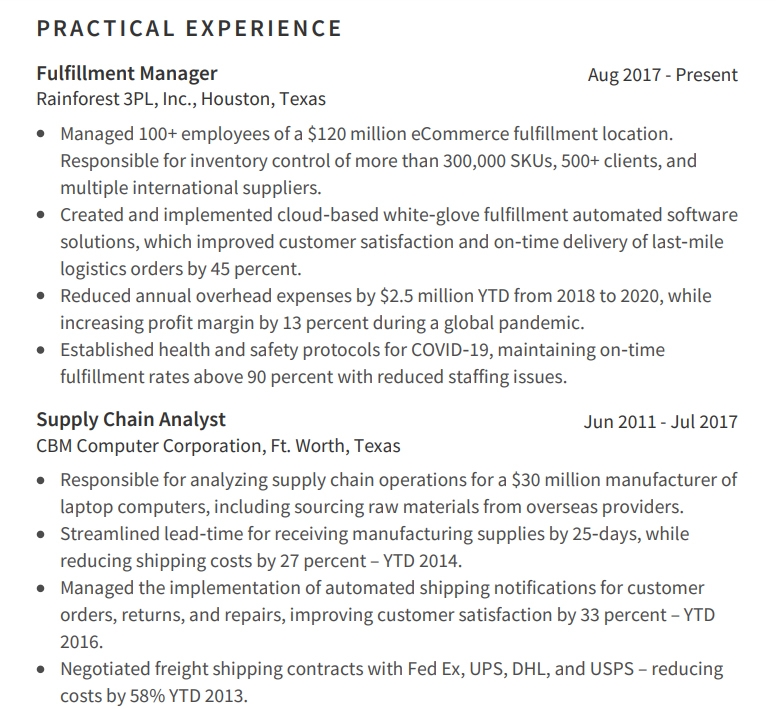 Supply Chain Manager Resume Example Practical Experience