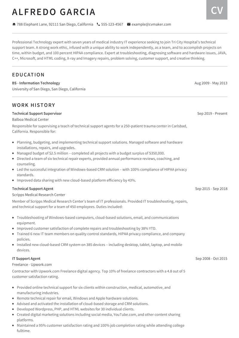 Technical Support Resume example