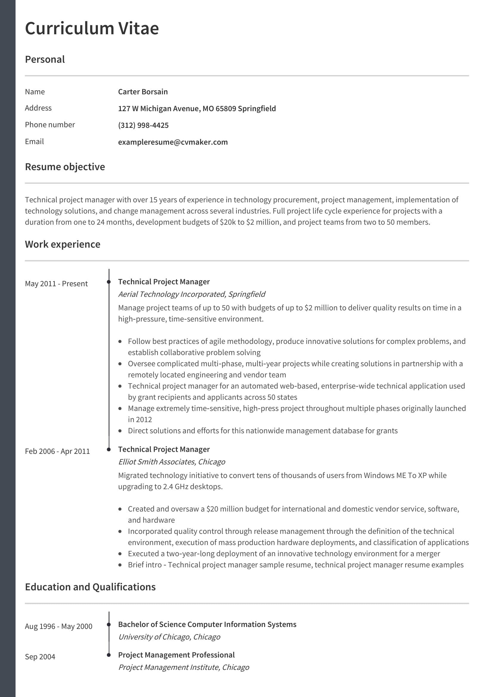 technical project manager resume sample download