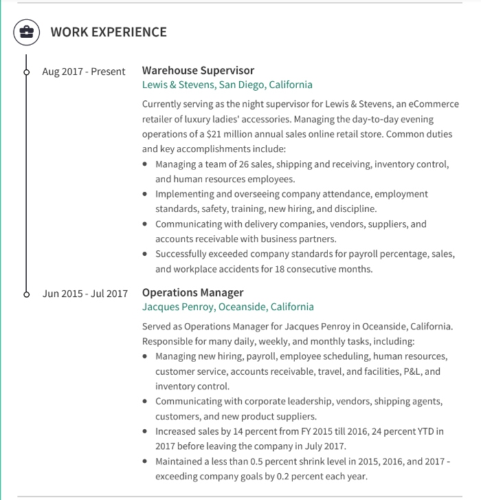 Warehouse Resume Work Experience Example