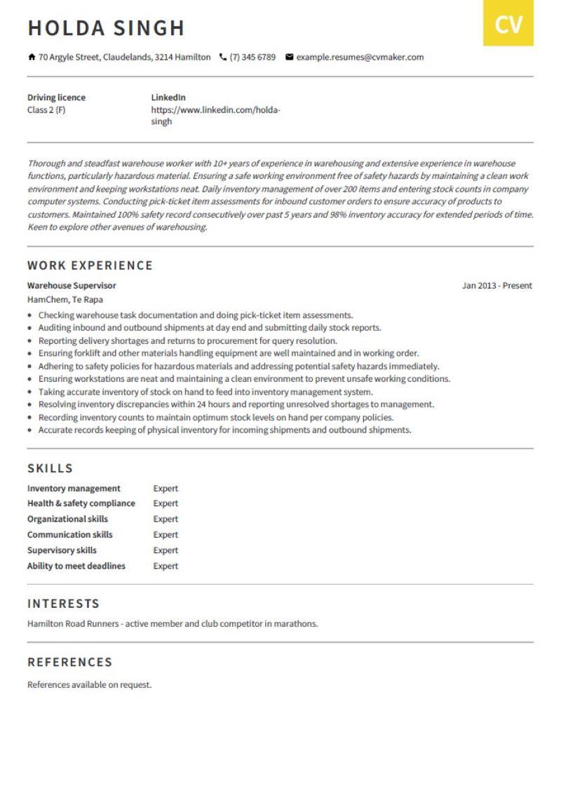 Warehouse Worker Resume Example