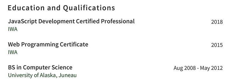 Web Developer Resume Education Example