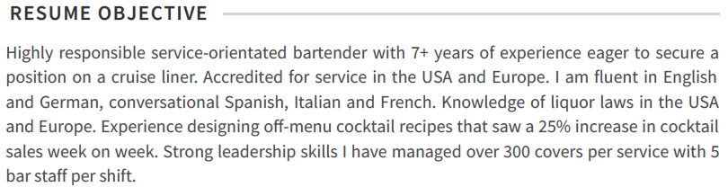 bartender resume experience