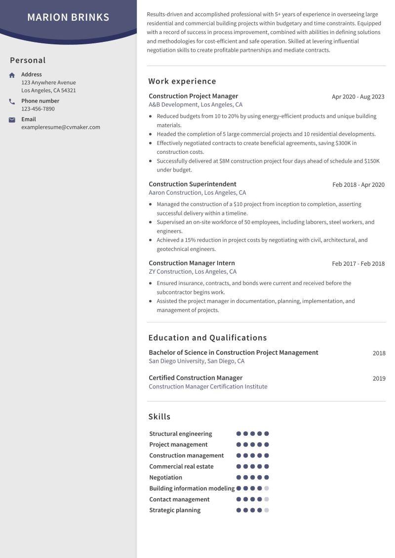 Consturction Manager Resume Example