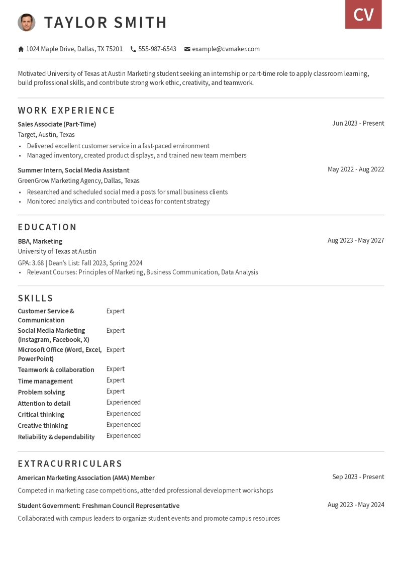 College Student Resume Example for Internships and Jobs