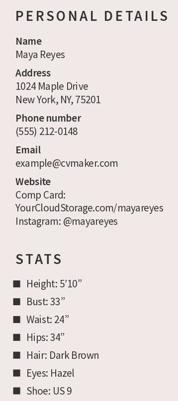 Model CV contact info & physical stats