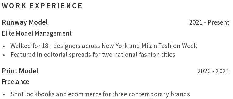 Model CV work experience