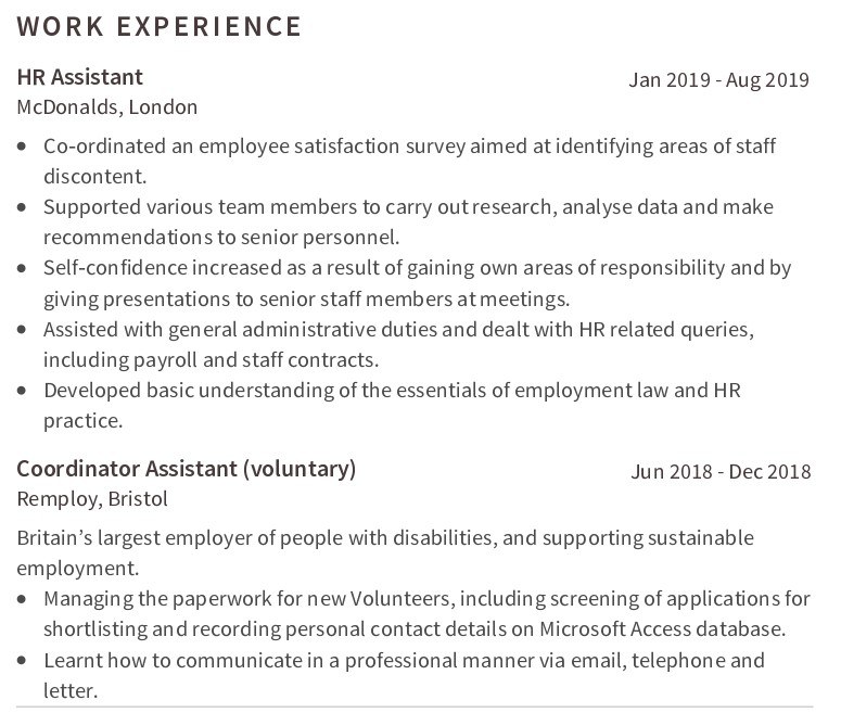 HR student CV work experience