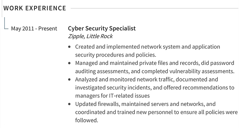 cyber security resume professional work experience
