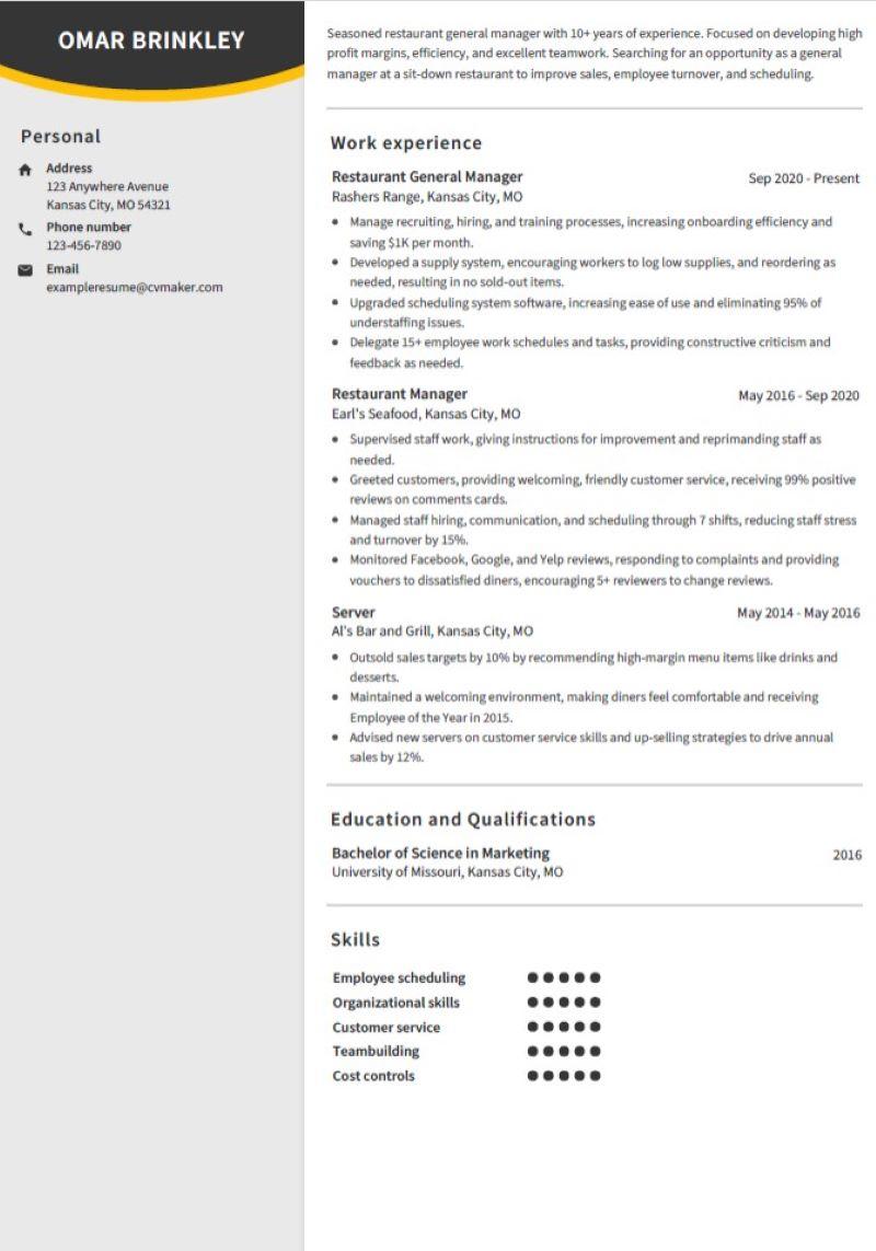 Restaurant General Manager Resume - Restaurant General Manager Resume Example 