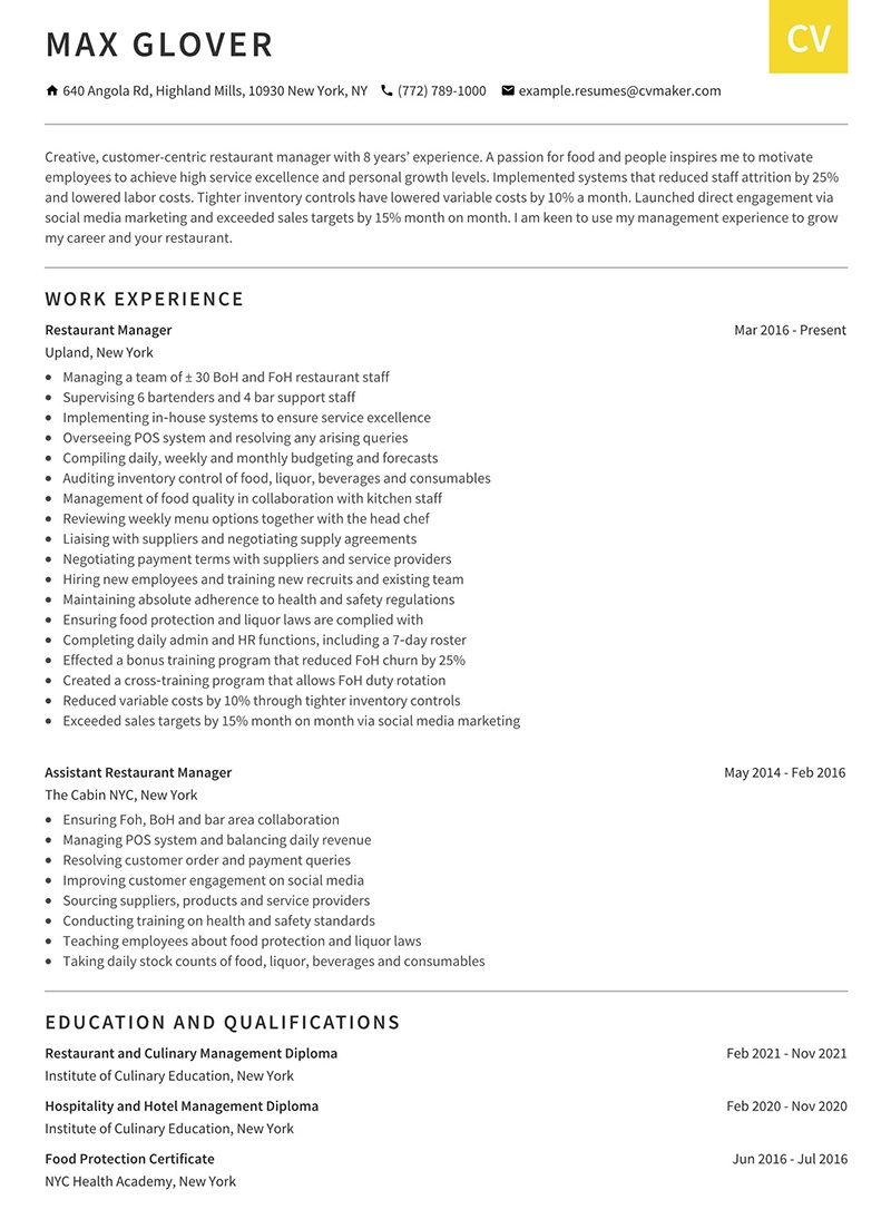 Restaurant Manager Resume Page 1