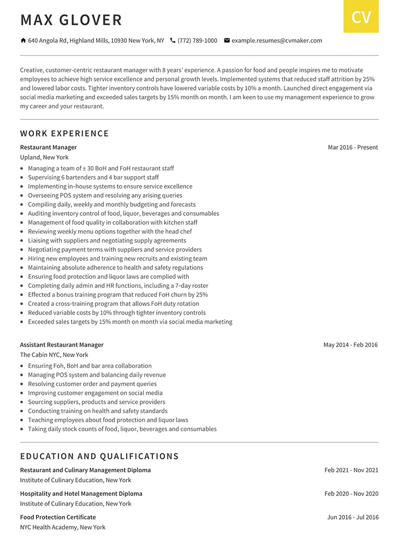 Restaurant Manager Resume Page 1