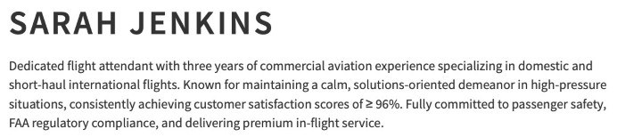 personal profile example for a flight attendant resume