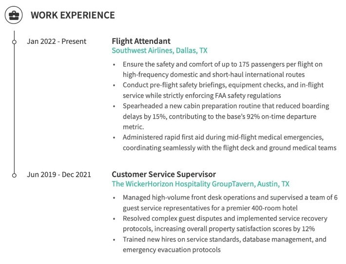 work experience example for a flight attendant resume