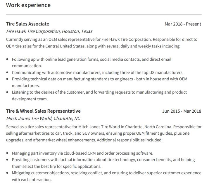 sales representative work experience example