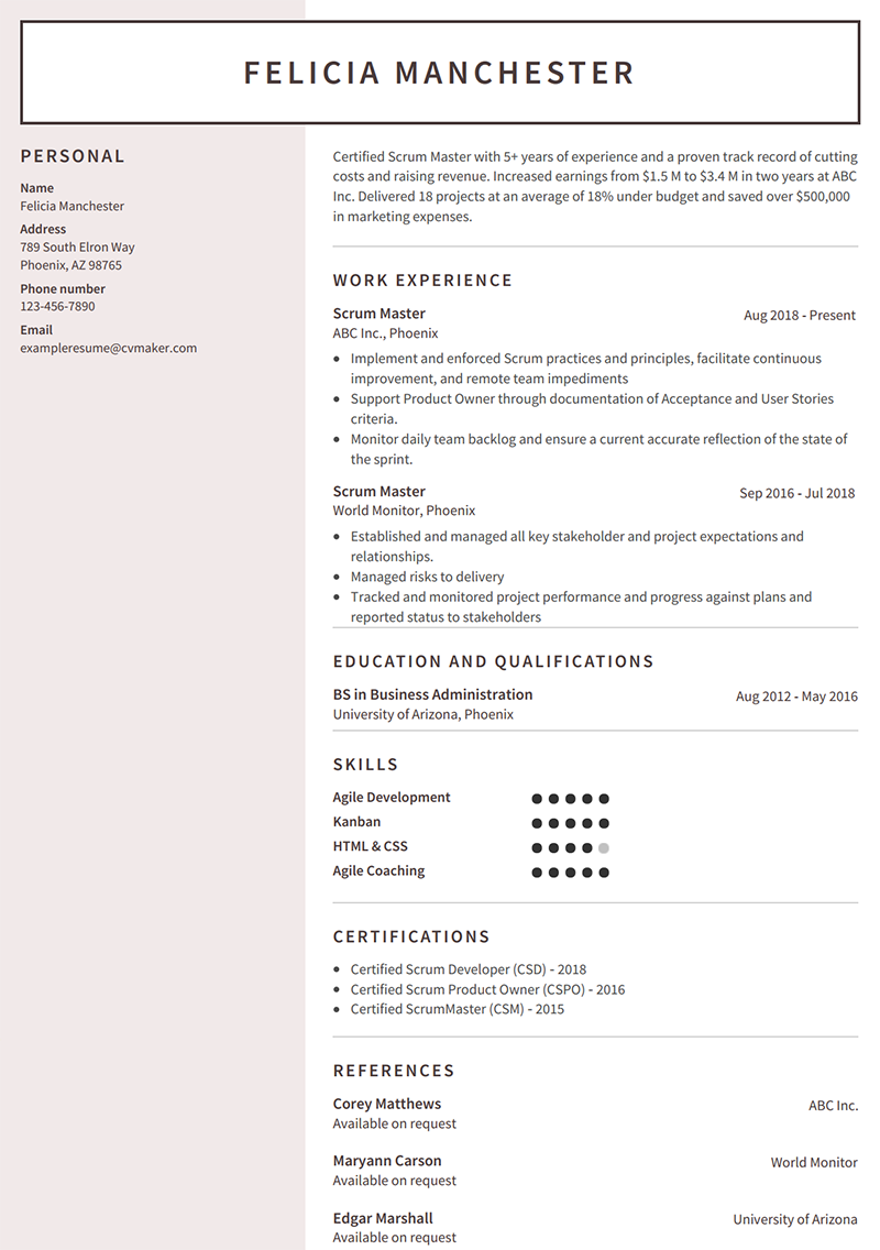 scrum master resume example